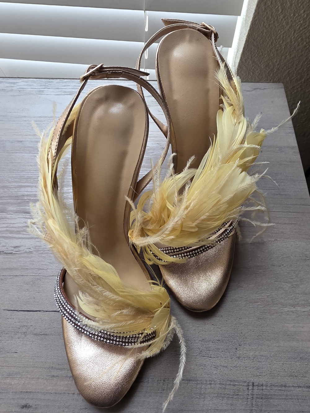 Gold Feather Embellished Women's High Heel Sandals